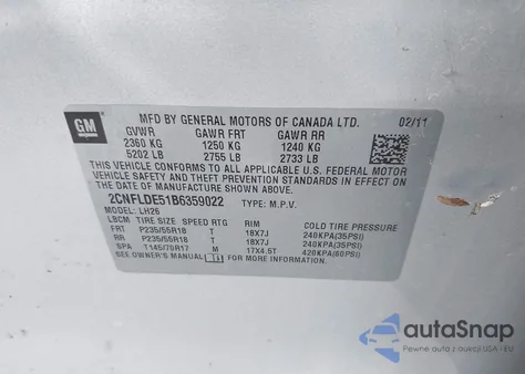 2011 Chevrolet Equinox 1Lt z USA, uszkodzony, nr VIN 2CNFLDE51B6359022